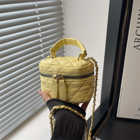 Mini Vanity Case Crossbody Bag PU Leather Quilted Diamond Lattice Chain Strap Top Handle Small Square Box Purse Women