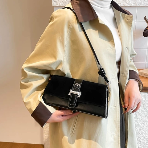 Vrouwen Retro Splicing PU Lederen Onderarmtas Mode H-Gesp Schoudertas Knoop Riem Grote Capaciteit Pendelaar Crossbody Tas
