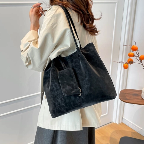 Large Capacity Urban Minimalist PU Leather Tote Bag For Women Solid Color Shoulder Bag With Inner Small Pouch Handbag