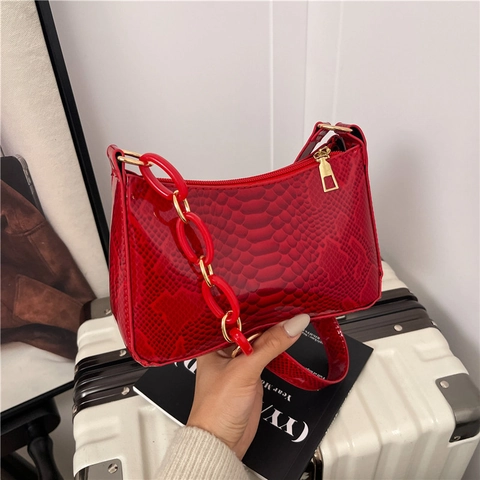 Dames Mode Krokodillenpatroon Glanzend PU Leer Onderarmtas Grote Capaciteit Kettingdecoratie Trendy Schouder Vierkante Tas