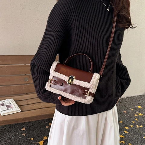 Borsa A Mano Retro Da Donna In Pelle PU E Finta Lana Di Agnello Borsa A Tracolla Invernale Con Chiusura A Girello Dorata