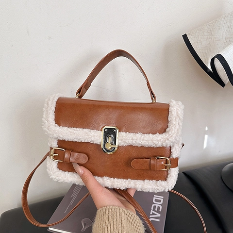 Dames Mode Kunstmatige Lamswol Patchwork Schoudertas Vintage PU Leer Handtas Kleine Vierkante Crossbody Tas Met Slot