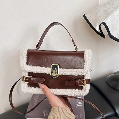 Dames Mode Kunstmatige Lamswol Patchwork Schoudertas Vintage PU Leer Handtas Kleine Vierkante Crossbody Tas Met Slot