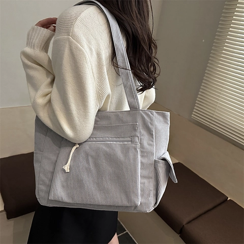 Large Capacity Corduroy Tote Bag With Front Zipper Pocket Minimalist Casual Women Shoulder Bag Retro Student Handbag
