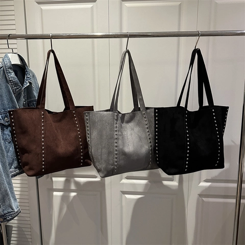 Bolso Tote de Tela de Gamuza Vintage de Gran Capacidad para Mujer Bolso de Hombro con Remaches Streetwear Moda Diario Viajero