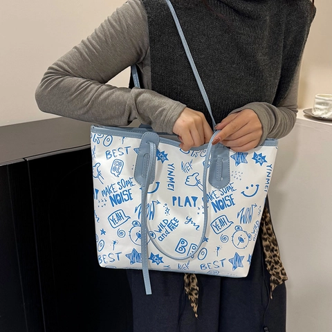 Damen Mode Graffiti Druck Einkaufstasche Große Kapazität PU Leder Schultertasche Mit Cartoon Bär Stern Muster Trendy Streetwear Einkaufstasche