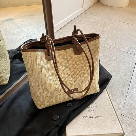 Damen Sommer Stroh Gewebte Shopper Tasche Mit PU Leder Schultergurt Lässig Große Kapazität Strand Urlaub Handtasche