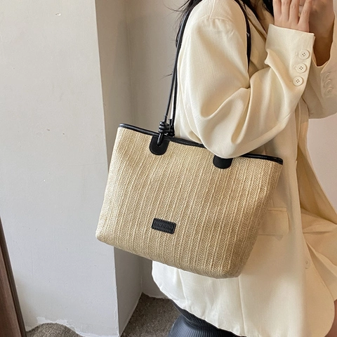 Damen Sommer Stroh Gewebte Shopper Tasche Mit PU Leder Schultergurt Lässig Große Kapazität Strand Urlaub Handtasche