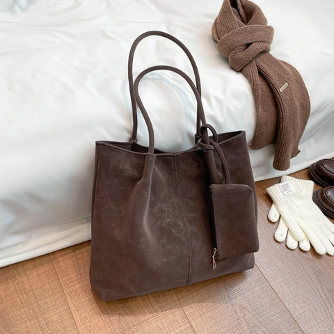 Bolso Tote de Cuero PU Mate de Gran Capacidad para Mujer Bolso de Hombro Retro Minimalista Con Bolsa Pequeña Bolso Casual Diario