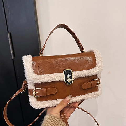 Borsa A Mano Retro Da Donna In Pelle PU E Finta Lana Di Agnello Borsa A Tracolla Invernale Con Chiusura A Girello Dorata