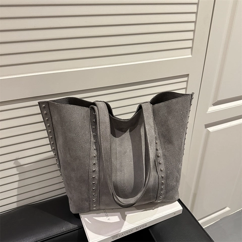 Vintage Faux Suede Large Capacity Tote Bag For Women With Silver Rivets Retro Shoulder Bag For Work Casual Daily Use