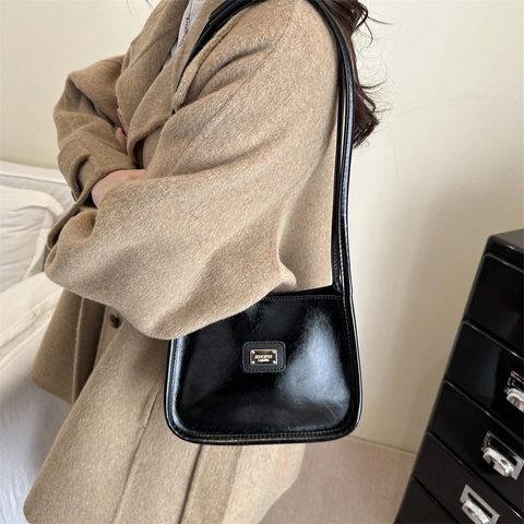 Bolso De Hombro De Cuero PU Para Mujer Minimalista Retro Brillante Bolso De Mano Con Placa Metálica Para Diario
