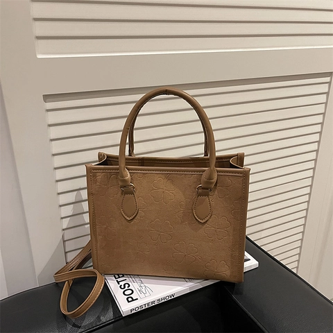 Women Matte PU Leather Tote Bag Clover Embossed Square Shoulder Handbag Vintage Commuter Crossbody Bag Elegant