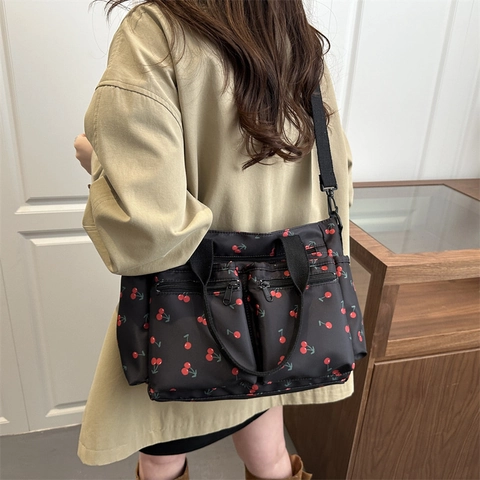 Sac À Épaule Femmes Nylon Imprimé Cerise Multi Poches Tote Décontracté Bandoulière Doux Sangle Réglable