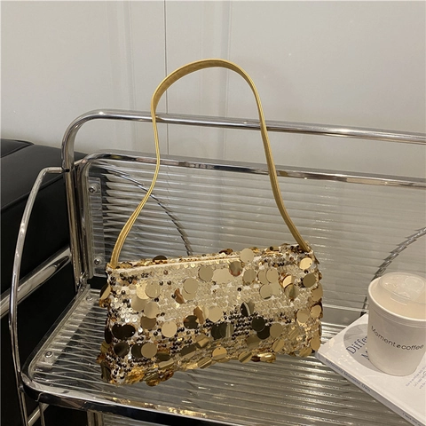 Mode Damen Pailletten Unterarmtasche Glänzende Runde Pailletten Schultertasche Vintage Party Abendhandtasche Baguette Tasche