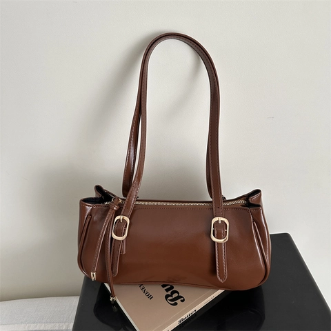 Retro Underarm Bag PU Leather Baguette Style Shoulder Handbag Minimalist Solid Color Metal Buckle Commuter For Women