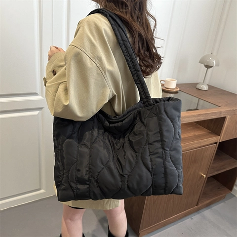 Große Gesteppte Tragetasche Mit Wellenmuster Wattierte Puffer Umhängetasche Für Damen Winter Handtasche Für Schule