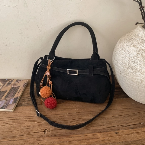 Women's Retro Minimalist Faux Suede Tote Bag Large Capacity Shoulder Handbag With Pompom Charm Solid Color Hobo Bag