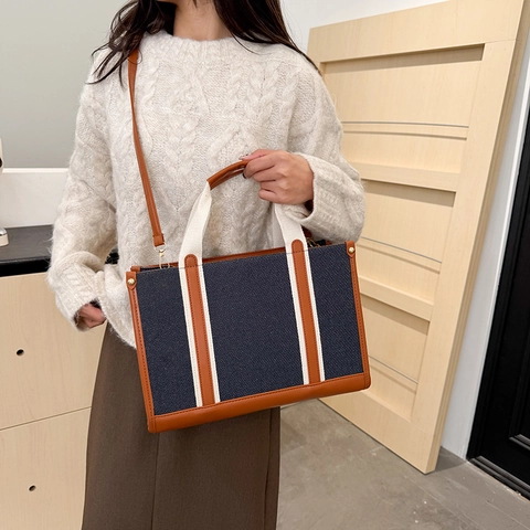 Bolso Tote de Denim Patchwork Vintage para Mujer Gran Capacidad Bolso de Hombro Color en Contraste Ribete de Cuero PU Bolso de Viaje