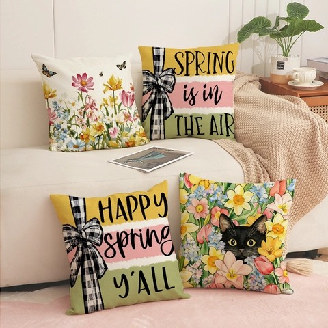 Nordic Spring Floral Throw Pillow Cover Faux Linen Decorative Cushion Case Flower Black Cat Print Sofa Square Pillowcase