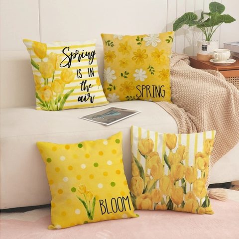Spring Floral Tulip Daisy Linen Look Throw Pillow Cover Decorative Square Cushion Case For Sofa Home Living Room Decor