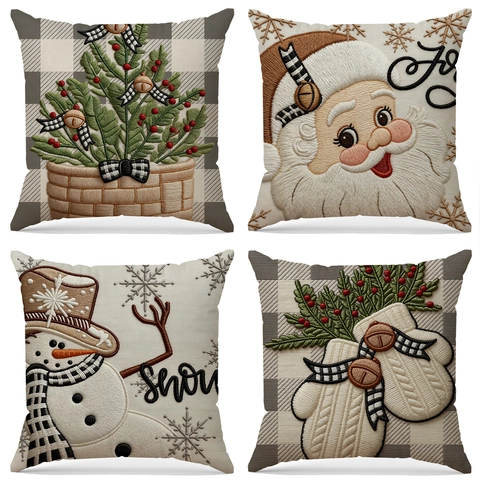 Kerstmis Borduurwerk Kussensloop Linnenmix Kerstman Sneeuwpop Patroon Vierkant Decoratieve Kussenhoes Voor Bank Woonkamer