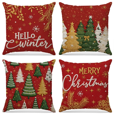 Rote Weihnachten Kissenbezug Leinenimitat Stickerei Kissenhülle Weihnachtsbaum Schneeflocke Feiertag Deko Kissenbezüge