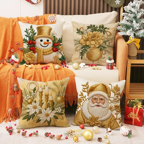 Kerst Kerstman Sneeuwpop Borduurwerk Faux Linnen Kussensloop Goud Decoratieve Sofa Kussenhoes Feestelijke Huis Decoratie