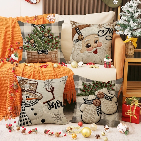 Kerstmis Borduurwerk Kussensloop Linnenmix Kerstman Sneeuwpop Patroon Vierkant Decoratieve Kussenhoes Voor Bank Woonkamer