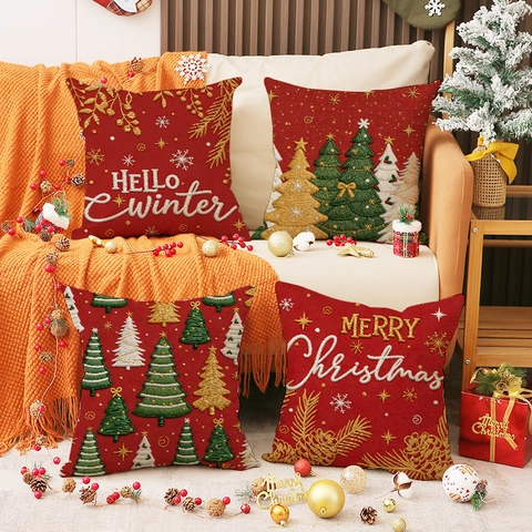 Rote Weihnachten Kissenbezug Leinenimitat Stickerei Kissenhülle Weihnachtsbaum Schneeflocke Feiertag Deko Kissenbezüge
