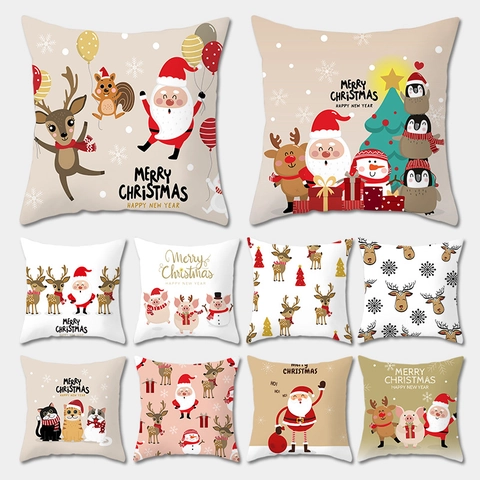 Kerst Kussenhoezen Peach Skin Polyester Vierkant Cartoon Kerstman Rendier Print Kussensloop Home Sofa Decor Nordic