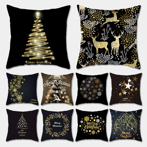 Kerst Kussenhoes Perzikhuid Polyester Goud Sneeuwvlok Rendier Print Zwart Sofa Decor Vakantie Sierkussenhoes