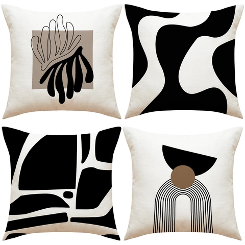 Taie D'Oreiller Décorative Nordique Imprimé Géométrique Noir Et Blanc Art Abstrait Polyester Housse De Coussin Pour Canapé