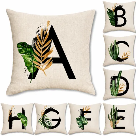 Funda de Cojín de Lino con Letras Nórdicas Plantas Tropicales Alfabeto para Sofá Sala de Estar Decorativa Funda Almohada