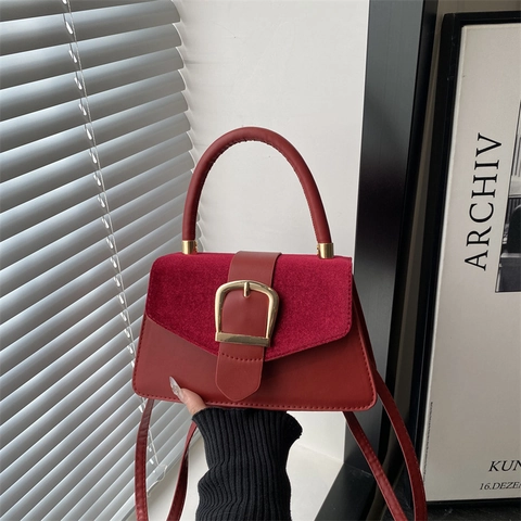 Women Shoulder Bag Leather Suede Patchwork Retro Gold Buckle Small Square Handbag Crossbody Tote Simple Chic