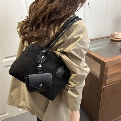 Vintage Maillard Suede Bowling Shoulder Bag For Women Large Capacity Commuter Pillow Bag With Mini Detachable Pouch