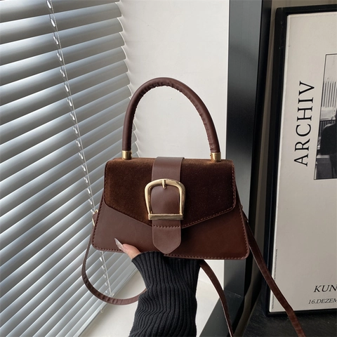 Women Shoulder Bag Leather Suede Patchwork Retro Gold Buckle Small Square Handbag Crossbody Tote Simple Chic