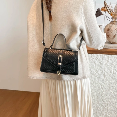 Women PU Leather Woven Texture Small Square Bag Gold Buckle Top Handle Handbag Adjustable Shoulder Strap Crossbody Bag