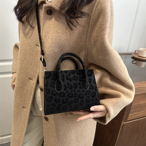 Leopard Print Faux Suede Handbag For Women Vintage Shoulder Crossbody Bag Mini Square Tote With Detachable Strap