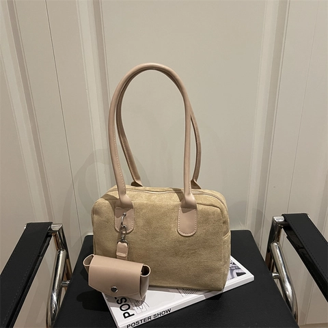 Vintage Maillard Suede Bowling Shoulder Bag For Women Large Capacity Commuter Pillow Bag With Mini Detachable Pouch