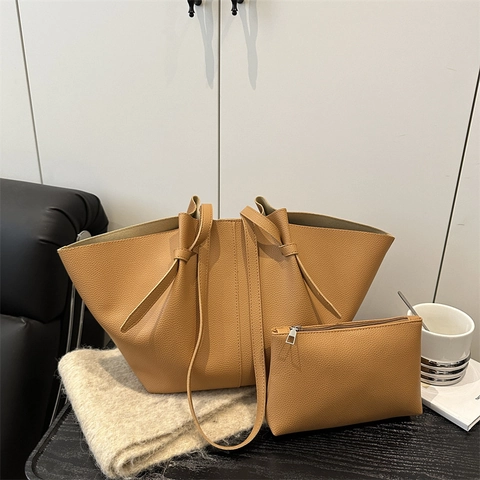 Große Tragetasche Damen PU Leder Lychee Textur Knot Schultergurt Handtasche Und Kleine Tasche Minimalistisch