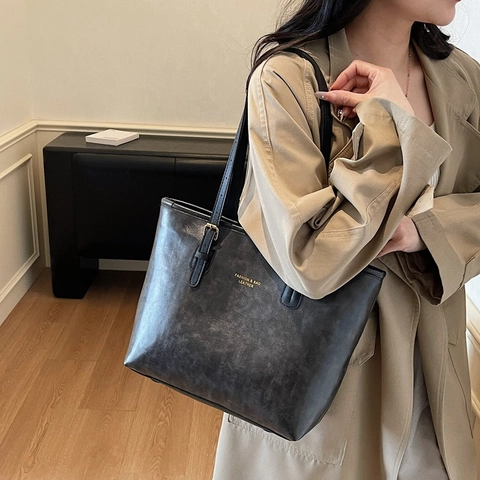 Vintage Large Capacity Tote Bag PU Leather Simple Solid Color Shoulder Bag For Women Work Casual