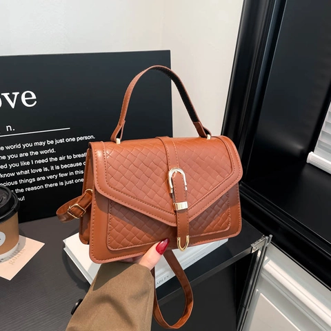 Women PU Leather Woven Texture Small Square Bag Gold Buckle Top Handle Handbag Adjustable Shoulder Strap Crossbody Bag