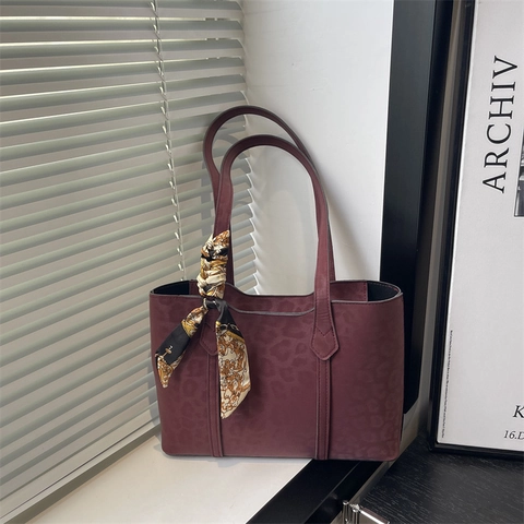 Vintage Leopard Print Tote Bag For Women Suede Texture Shoulder Bag With Satin Scarf Decor Large Capacity Office Handbag