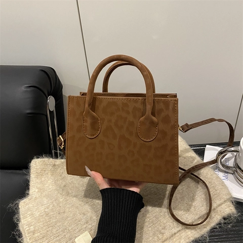Leopard Print Faux Suede Handbag For Women Vintage Shoulder Crossbody Bag Mini Square Tote With Detachable Strap