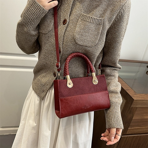 Borsa A Spalla Da Donna Pelle PU Stampa Leopardata Texture Scamosciata Manico Intrecciato Quadrata Moda Retrò Zip