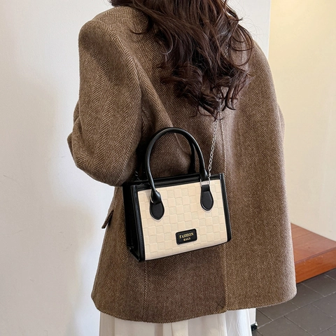 Piccola Borsa Tote In Pelle PU A Scacchi Borsa A Mano Vintage Con Manico Superiore E Tracolla A Catena Per Donna