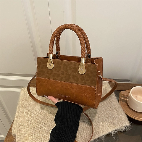 Borsa A Spalla Da Donna Pelle PU Stampa Leopardata Texture Scamosciata Manico Intrecciato Quadrata Moda Retrò Zip
