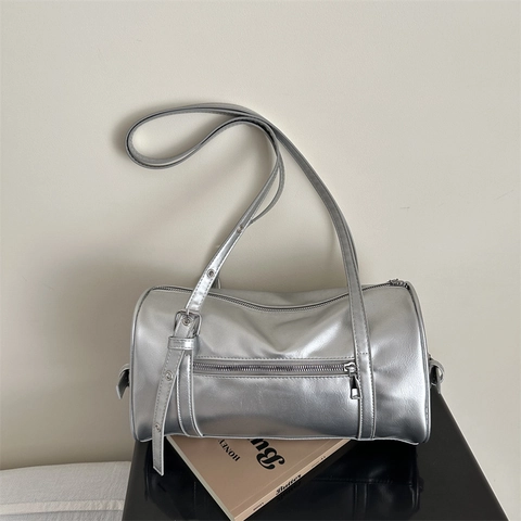 Damen Mode PU Leder Barrel Bag Große Kapazität Boston Umhängetasche Mit Verstellbarem Ösenriemen Silberne Hardware