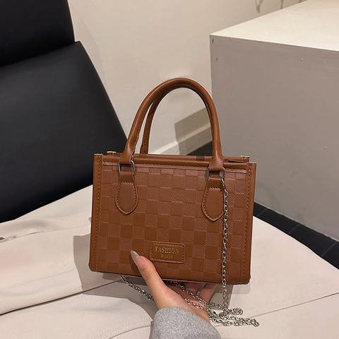 Piccola Borsa Tote In Pelle PU A Scacchi Borsa A Mano Vintage Con Manico Superiore E Tracolla A Catena Per Donna